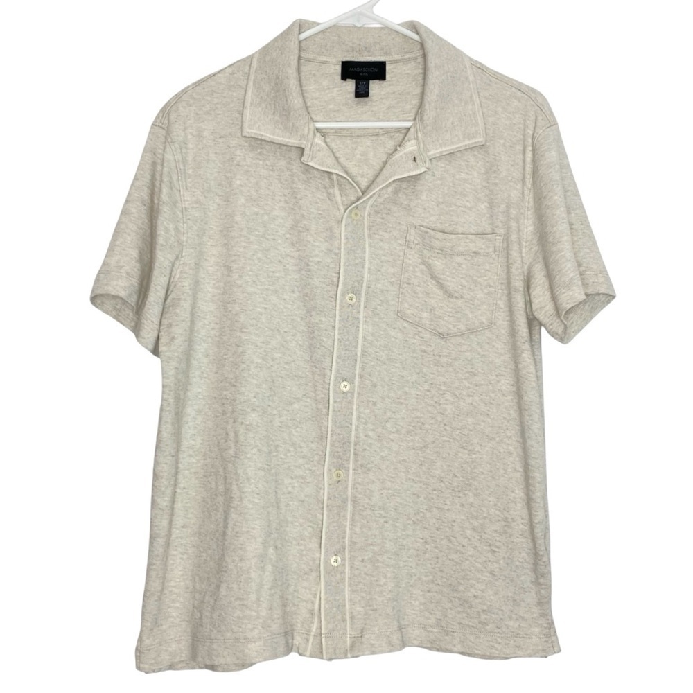 Magaschoni Polo Button Down Shirt Mens Size Small Gray Cream Short Sleeve